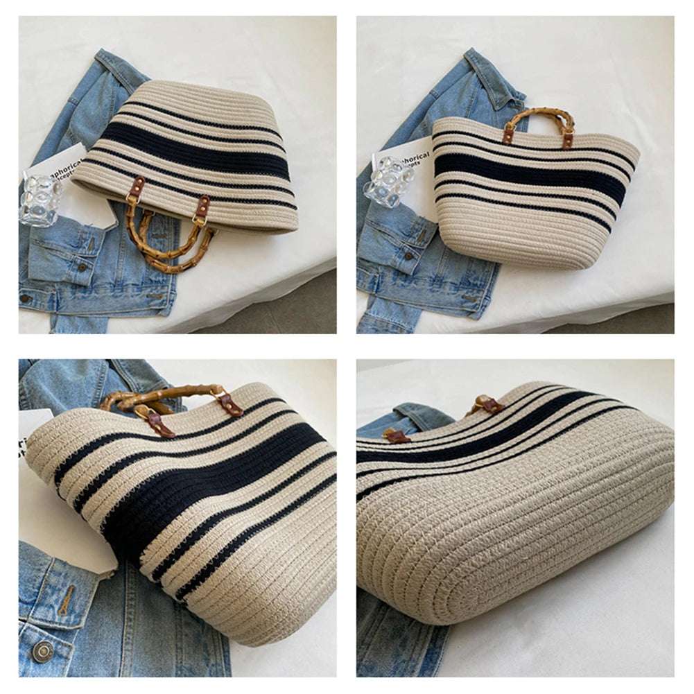 Woven tote Summer Beach Bag with Bamboo style Handle
