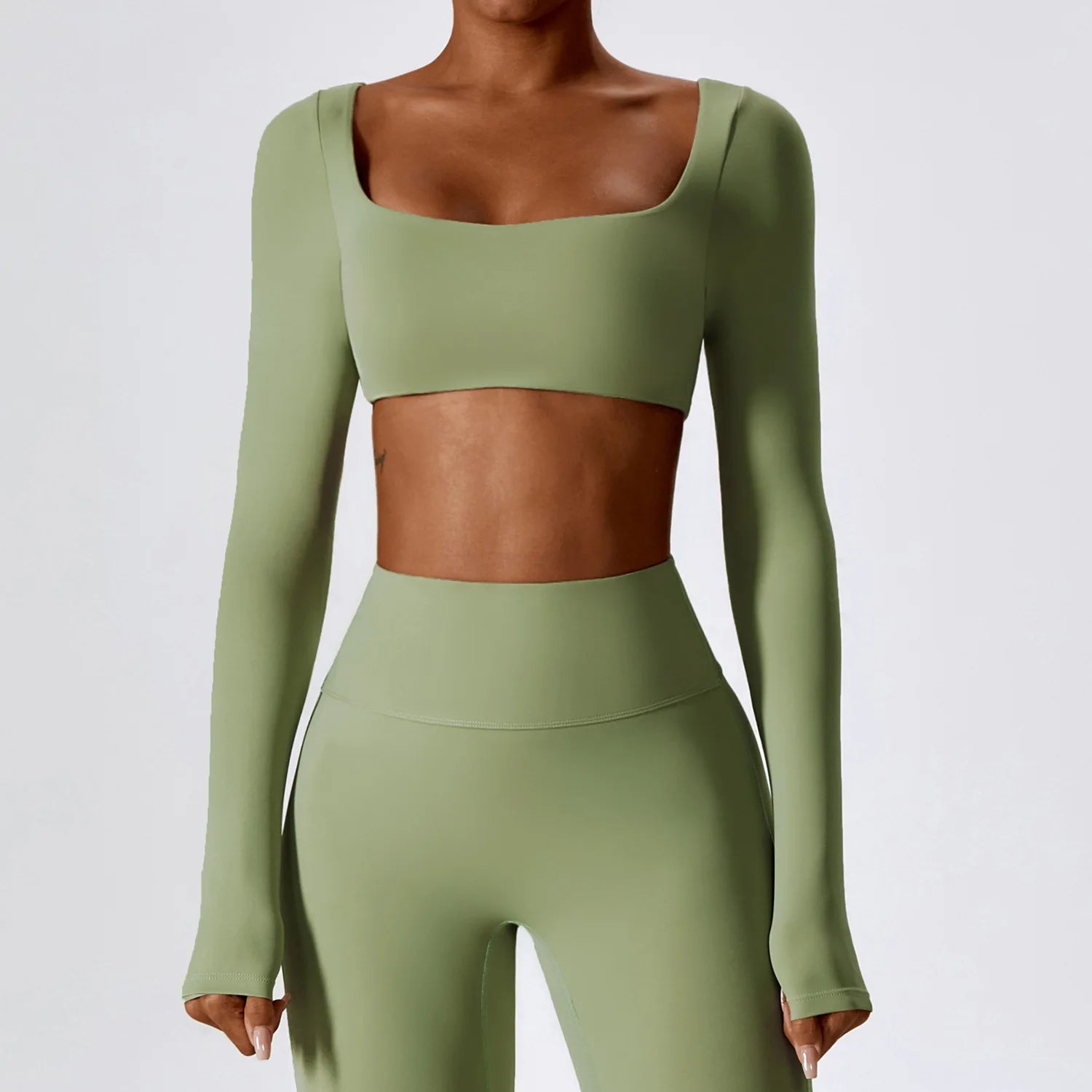 Long Sleeve square neck Workout Gym Top Bean green