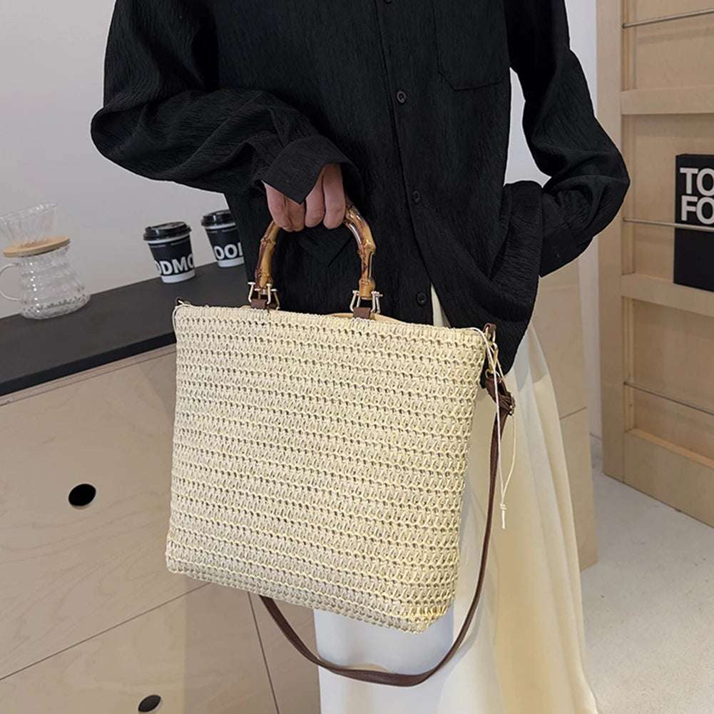 Straw Woven handbag with Bamboo style Handle
