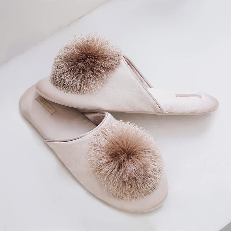 Pom-pom Women's Satin Slippers