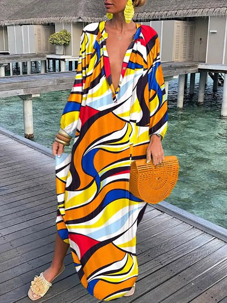 Summer Deep V-Neck Long Sleeve Long Dresses Yellow