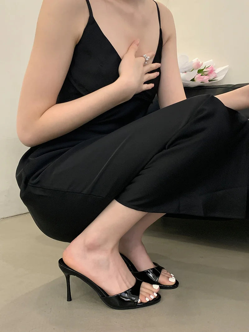 One band Patent Leather Mules High Heel Sandals