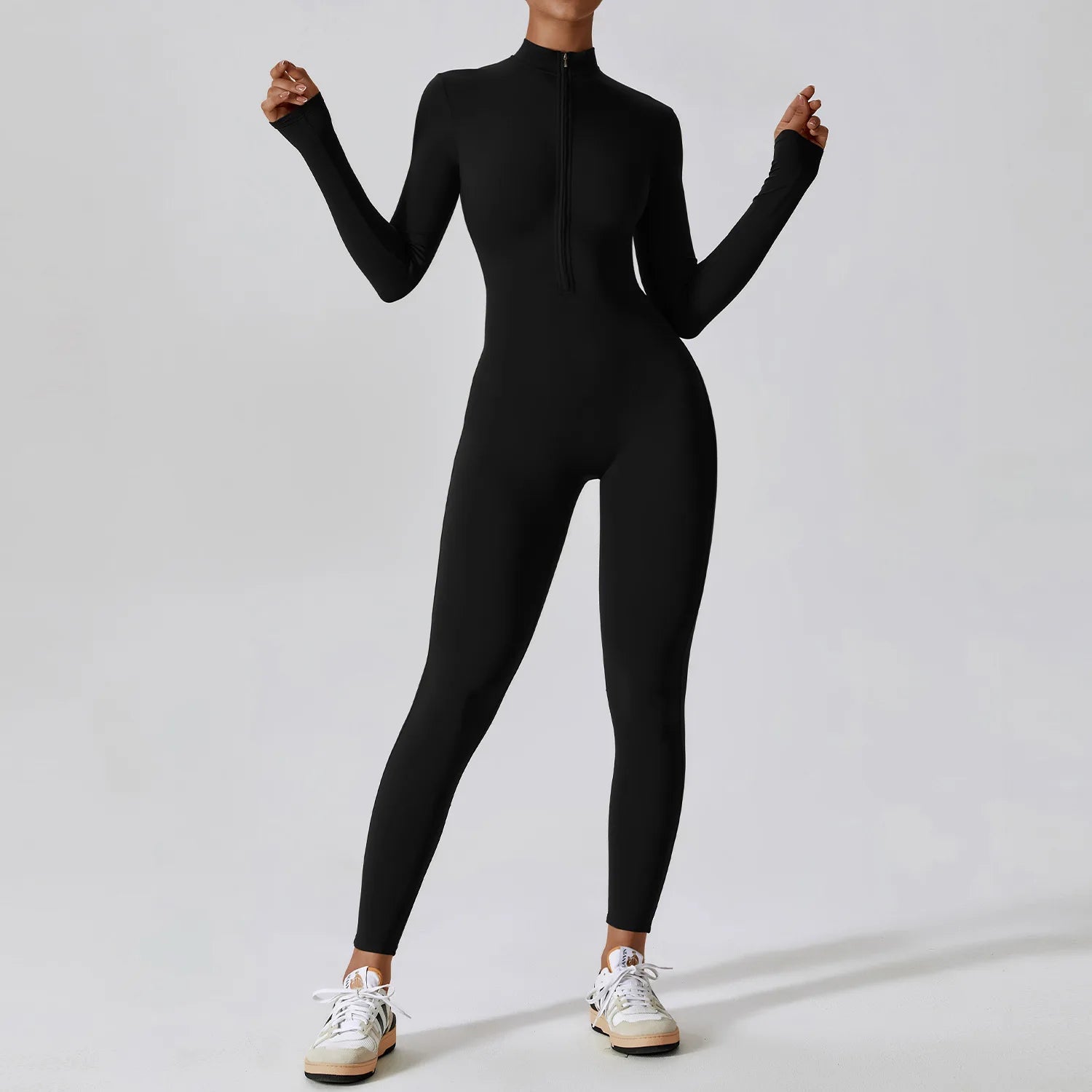 Zipper long sleeve Elastic One-Piece gym workout Bodysuit Premium black