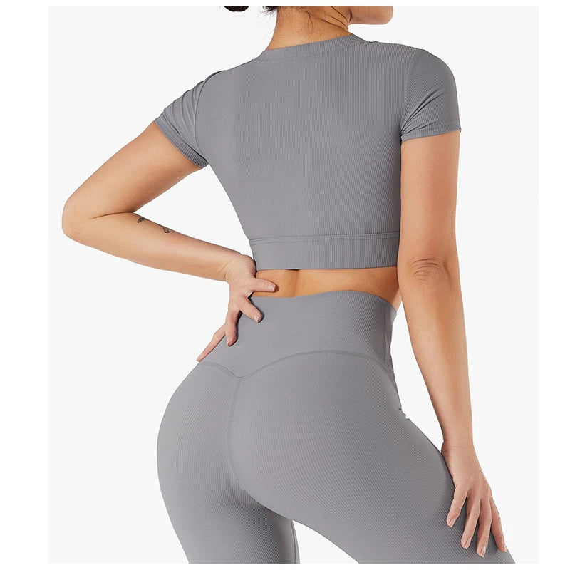 Short Sleeve round neck crop bralette High Waist Leggings Gym Fitness Set