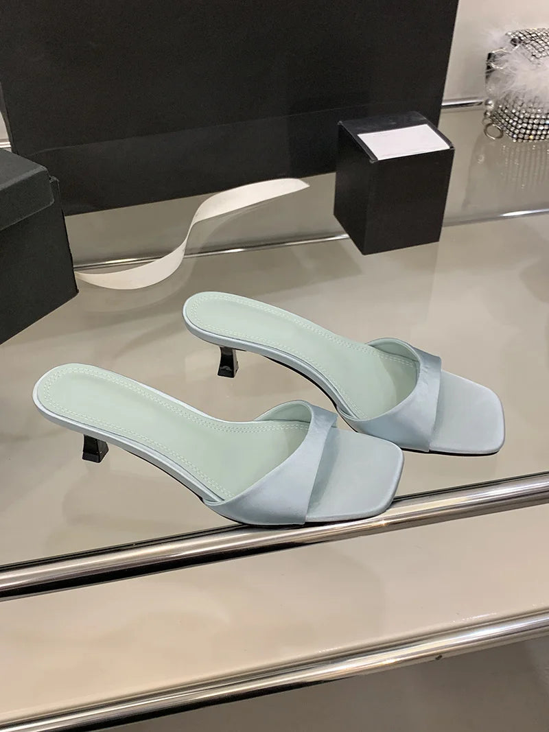 Satin Thin Low Heels Square Toe Mule Sandals