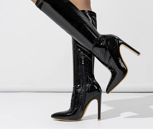 Knee High Boots Snake Print PU Leather Pointed Toe Boots