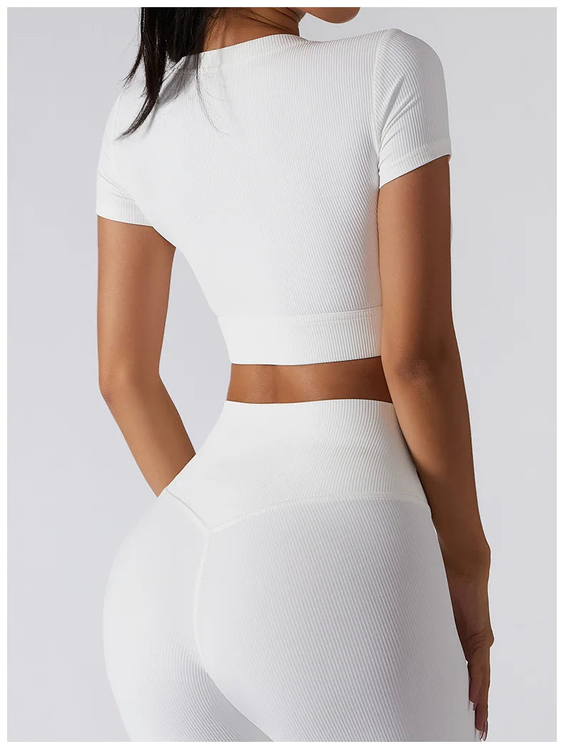 Short Sleeve round neck crop bralette High Waist Leggings Gym Fitness Set