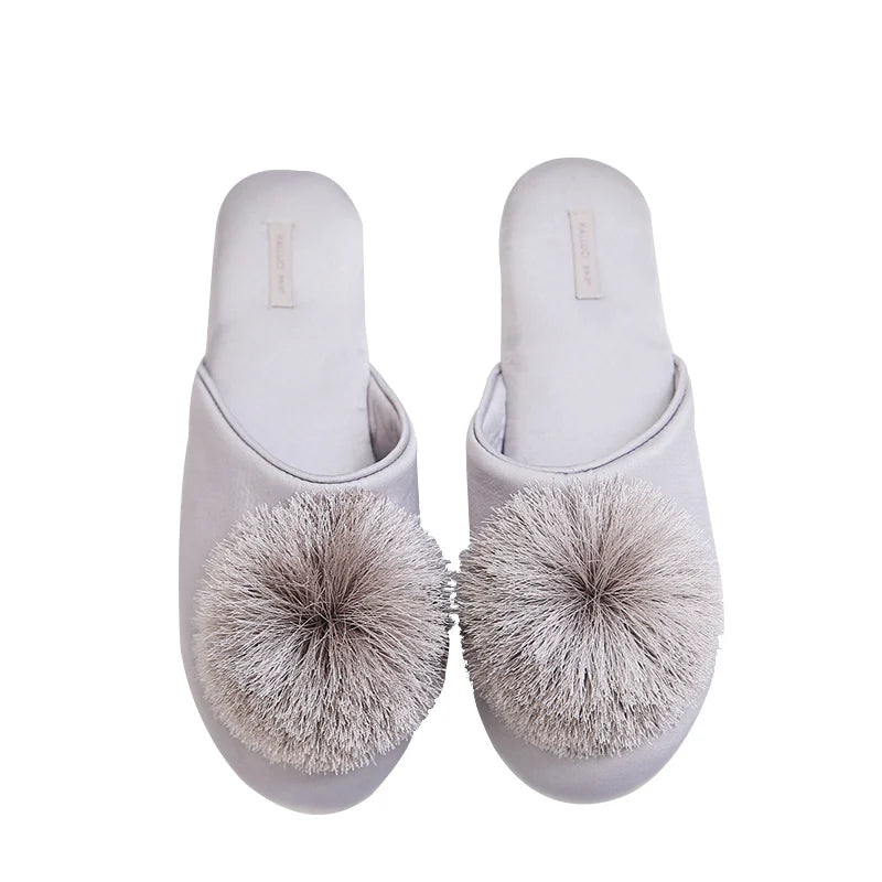 Pom-pom Women's Satin Slippers light gray