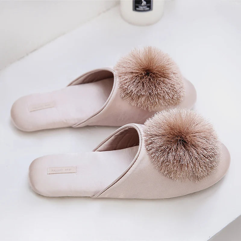 Pom-pom Women's Satin Slippers