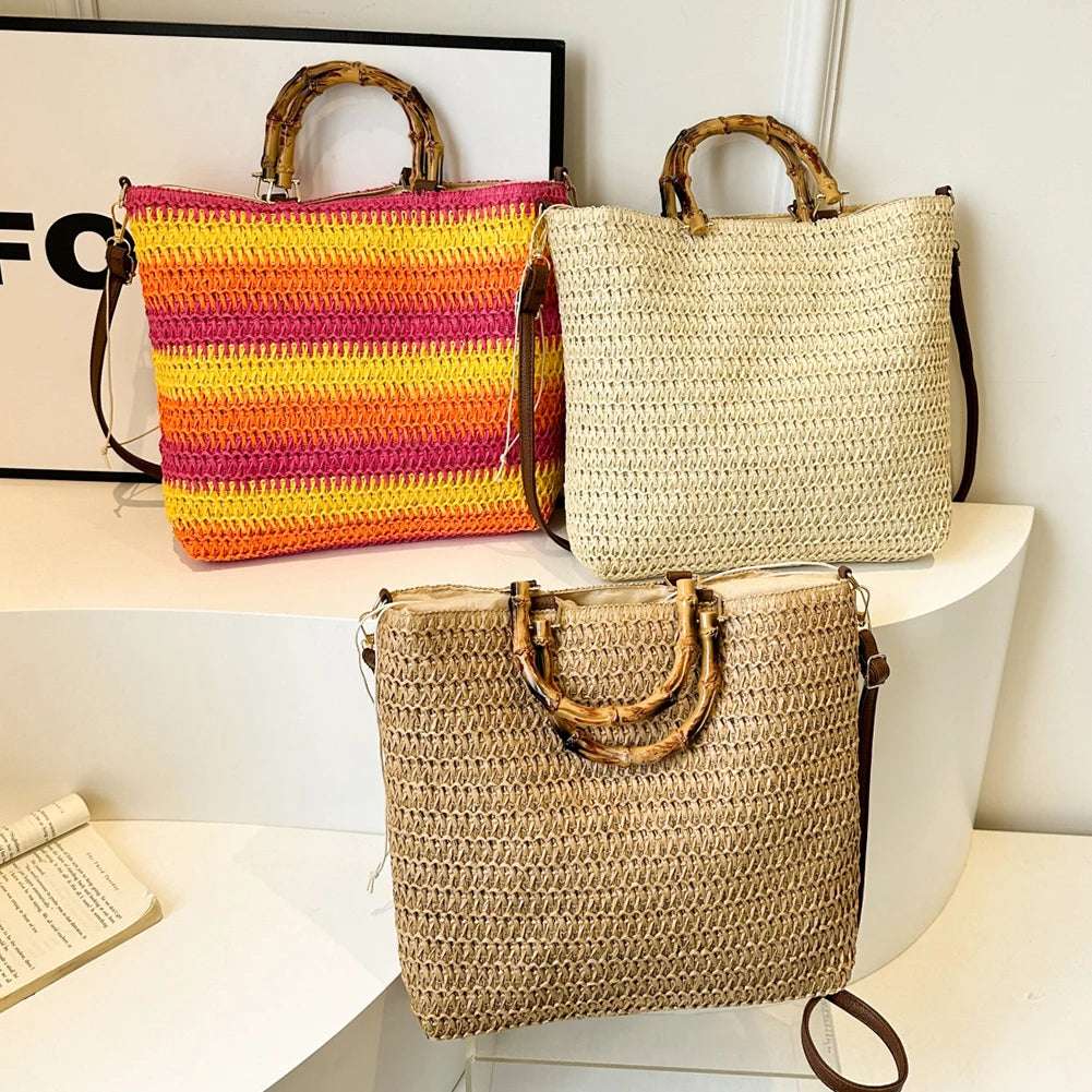 Straw Woven handbag with Bamboo style Handle