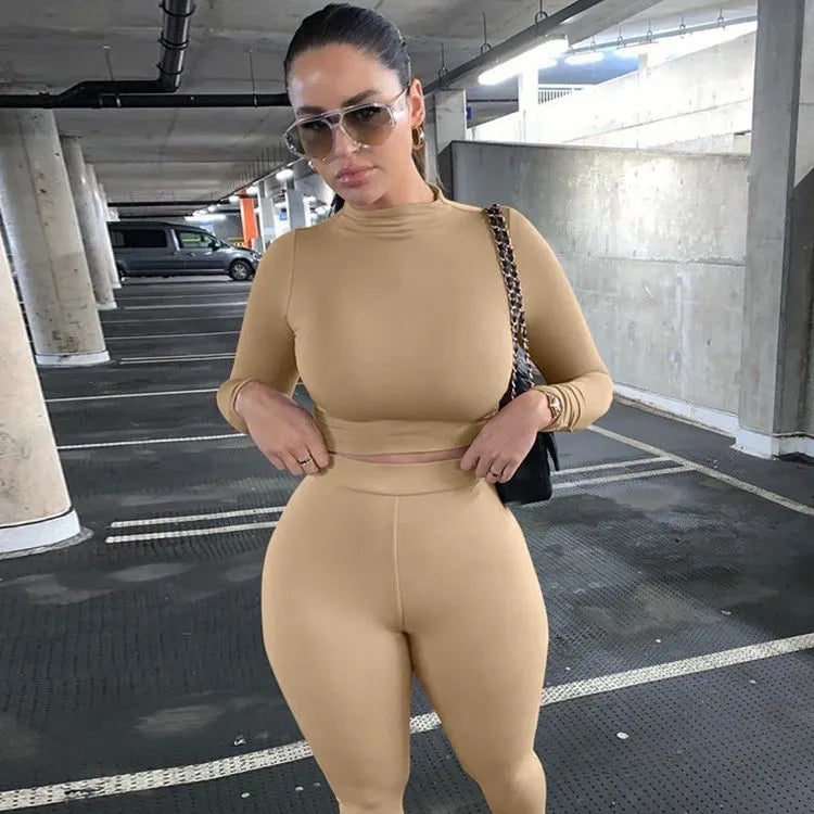 Women Sport Fitness Two Piece Set Khaki