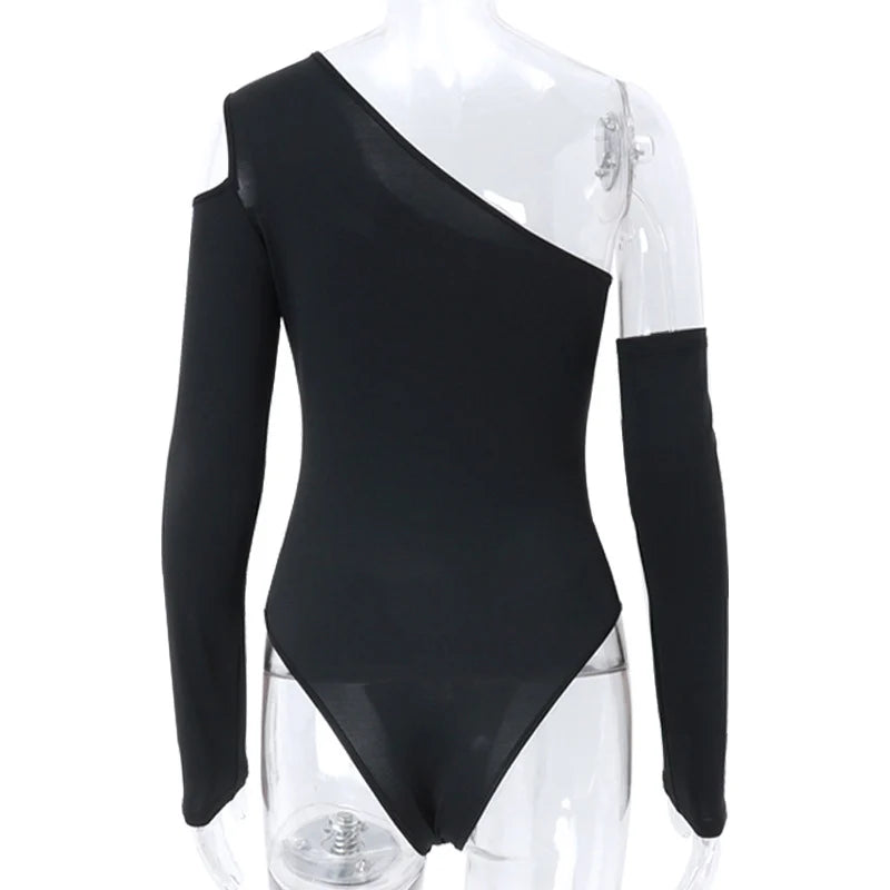 See Through Mesh one Shoulder Long Sleeve Bodysuit