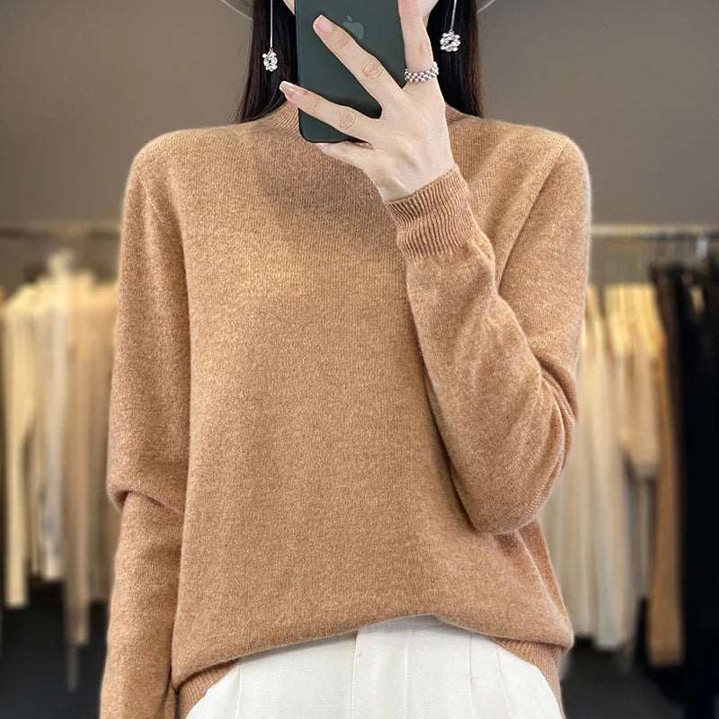 100% Merino Wool Sweater Women Knitwear Gold Camel CHINA