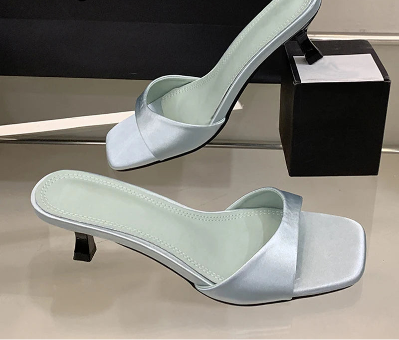 Satin Thin Low Heels Square Toe Mule Sandals