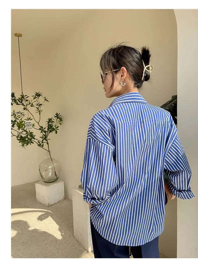 Blue Striped Chiffon Blouse Shirt for Women