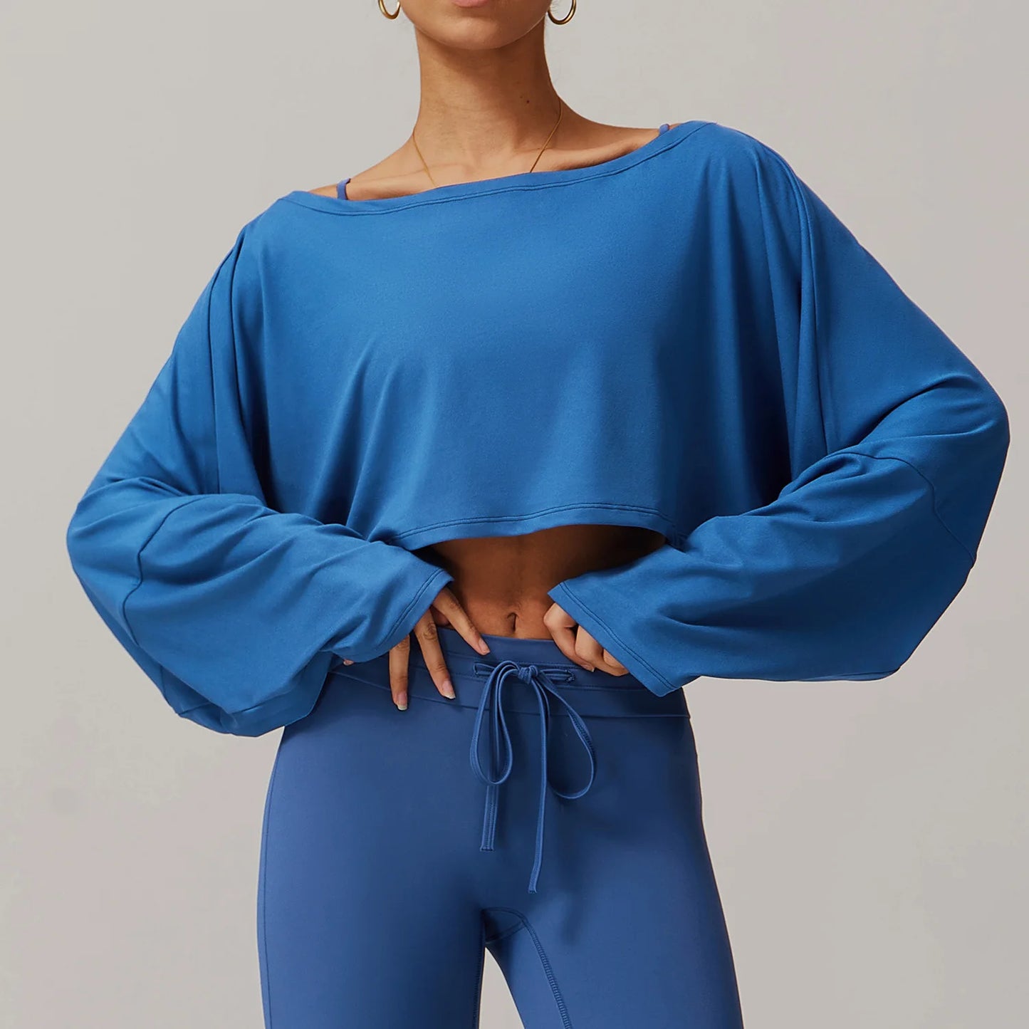 Long Sleeve off Shoulder Bat Sleeve Gym Yoga top Night sky blue