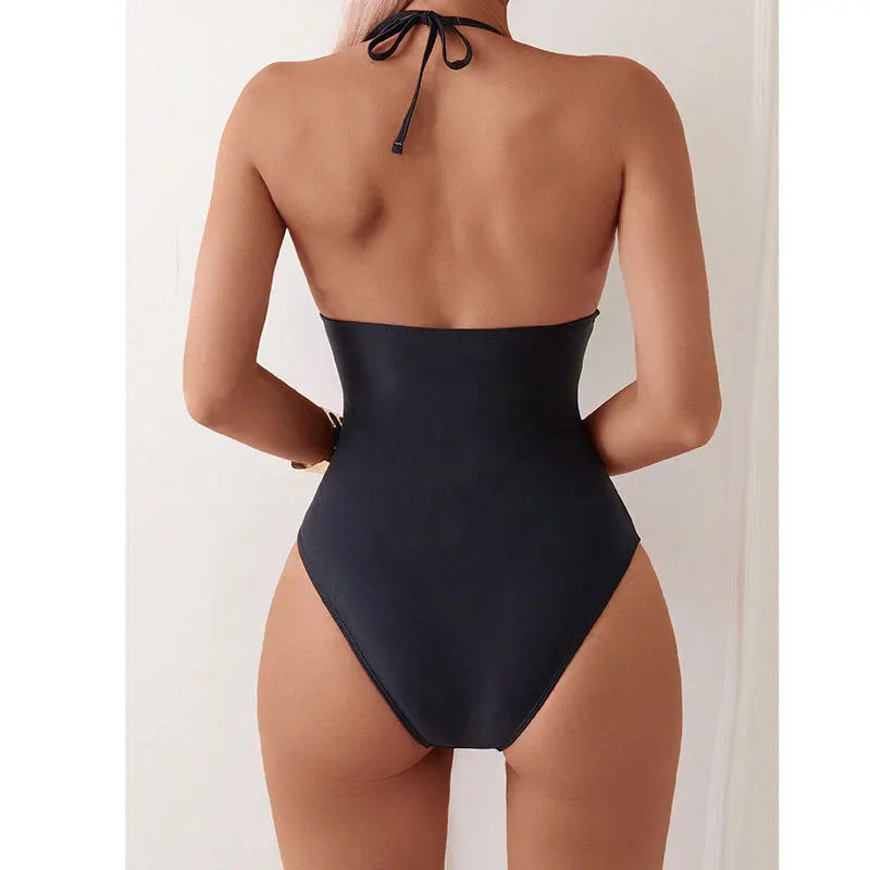 Halter neck mesh Patchwork One Piece Swimsuit