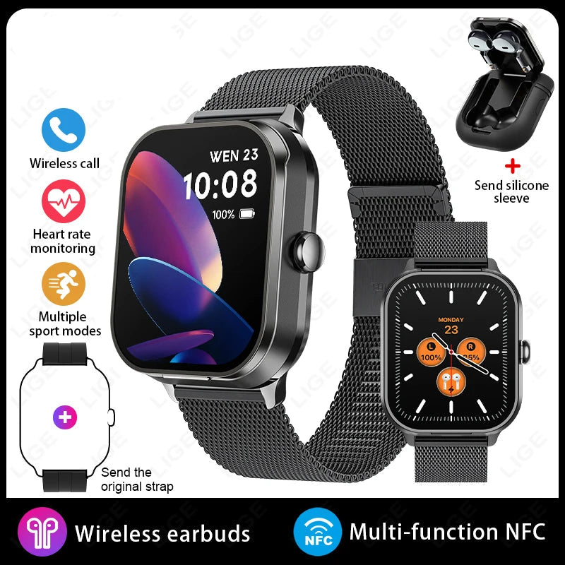 2.01 inch TWS 2-in-1 Earphones Bluetooth Call NFC Heart Rate Blood Pressure Health Monitor Music Smartwatch mesh belt black