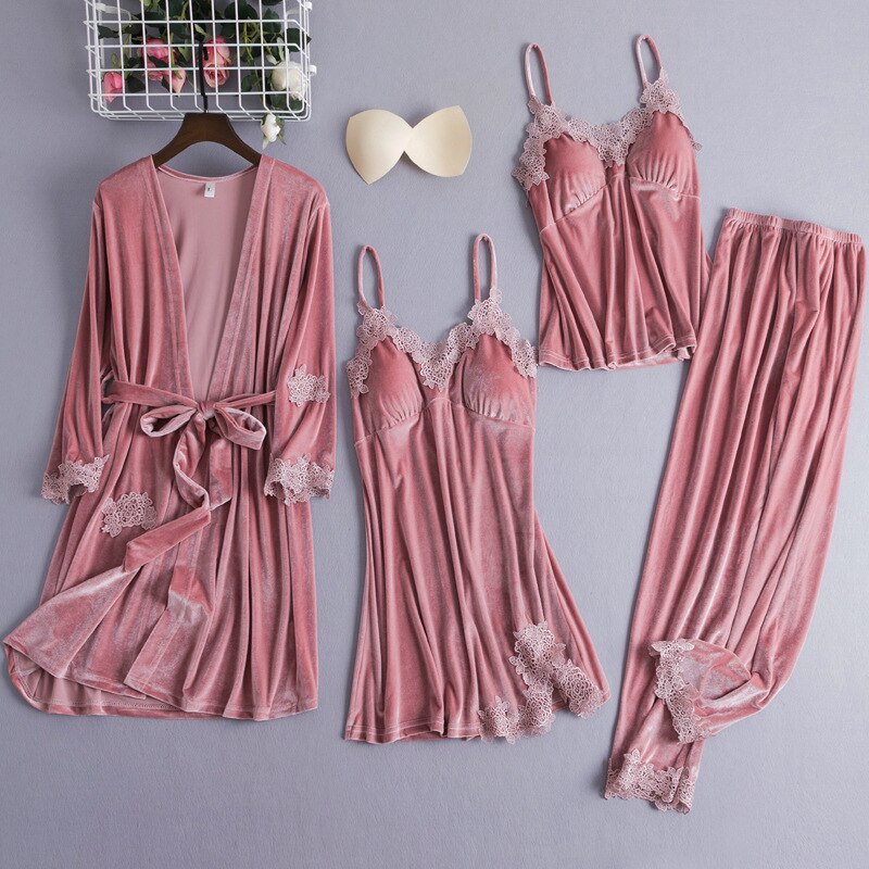 Velour lace Pyjamas Set Pink Set - A