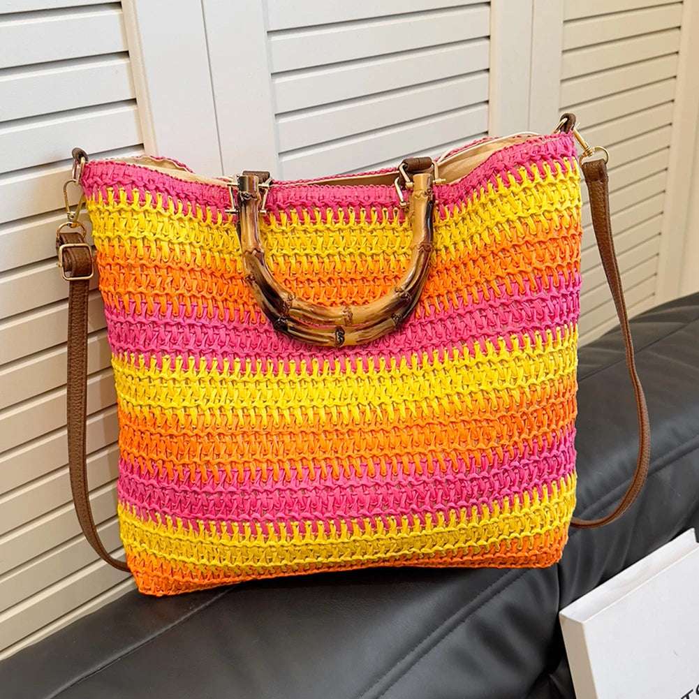 Straw Woven handbag with Bamboo style Handle
