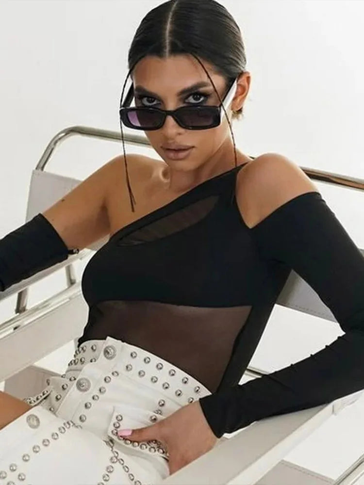 See Through Mesh one Shoulder Long Sleeve Bodysuit