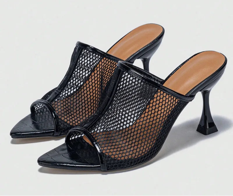 Hollow Out Mesh Black patent Leather Pointed Open Toe High Heel Sandals