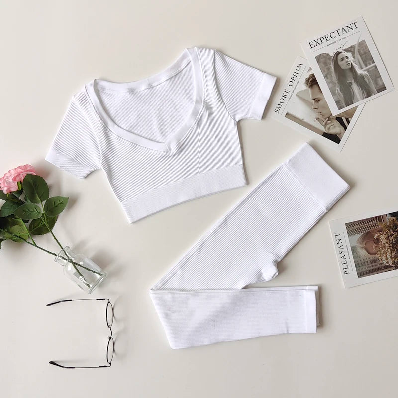 Short Sleeve round neck crop bralette High Waist Leggings Gym Fitness Set White