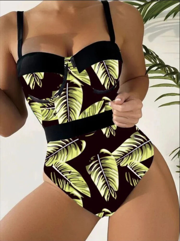 New Sexy belt leaf print Push Up Swimsuit yellow