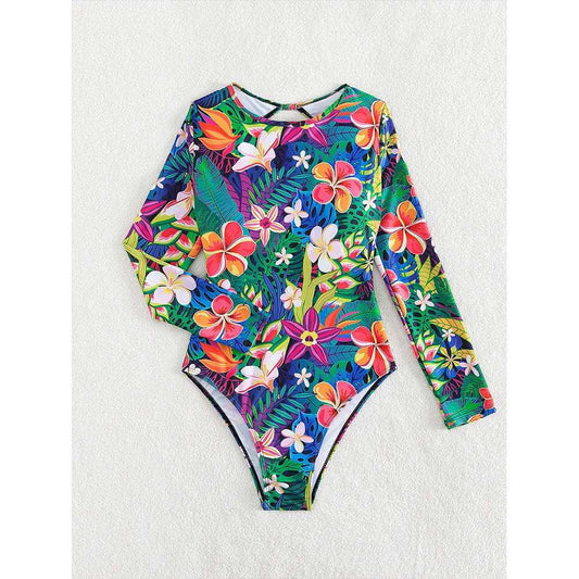 One Piece Print Long Sleeve Backless Bathing Suit multicolor