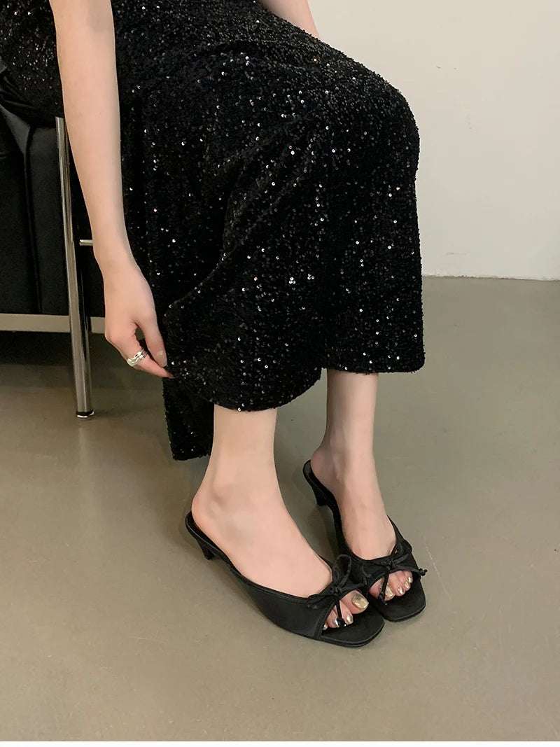 Butterfly-knot kitten heel Open Toe Mules Sandals