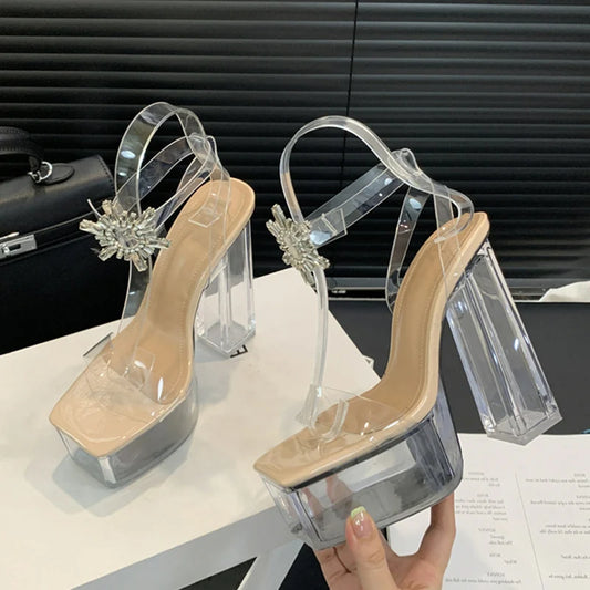 Crystal Buckle Ankle clear pvc Strap Platform Sandals