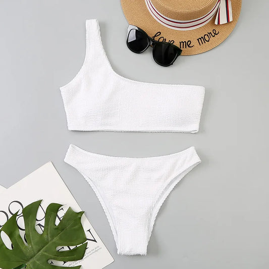 One Shoulder High Cut classic bikini set White