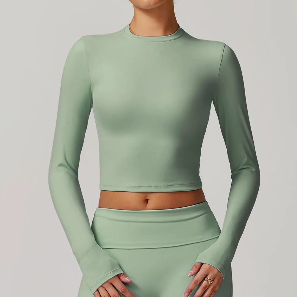 Long Sleeved Quick Dry round neck High Elastic Pilates Workout top Basil green
