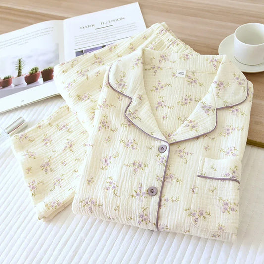 Cotton Long sleeved Flower print Crepe pyjama set
