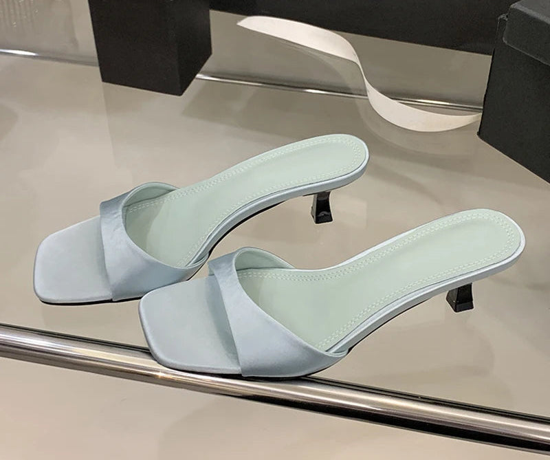 Satin Thin Low Heels Square Toe Mule Sandals Blue