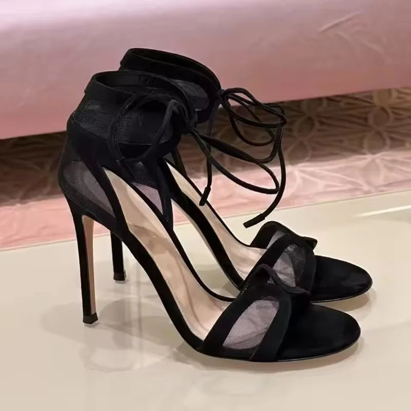 Hollow cut Out Mesh Narrow Band Ankle Strap high heel Sandals