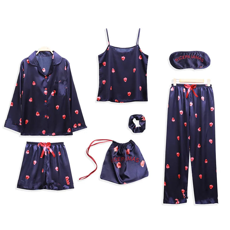 Spring Summer 7 Pcs satin Pajamas Set