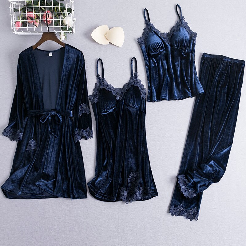 Velour lace Pyjamas Set Navy Blue Set - A