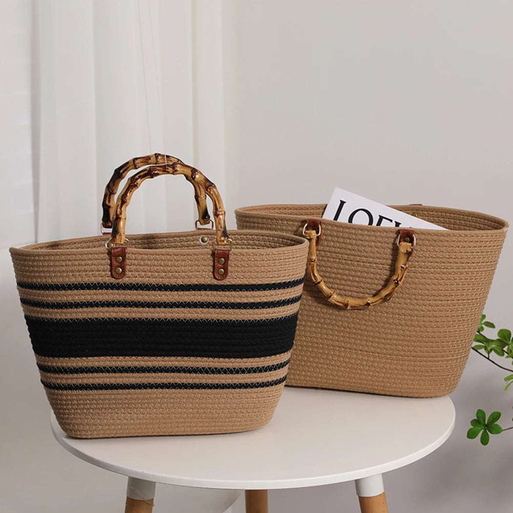 Woven tote Summer Beach Bag with Bamboo style Handle