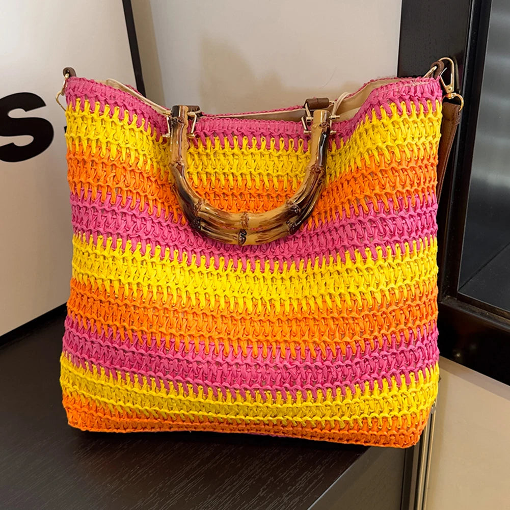Straw Woven handbag with Bamboo style Handle Multicolor