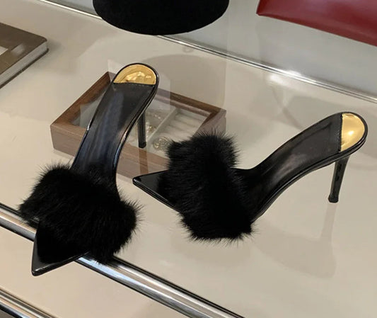 Fashion Fluffy Furry High Heel Mules Sandals