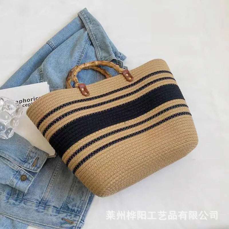 Retro Woven Straw Beach summer Handbag Upper width 16 lower width 28 height 30 Khaki stripes