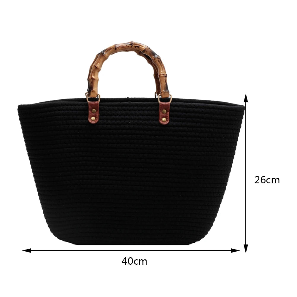 Woven tote Summer Beach Bag with Bamboo style Handle Style 3