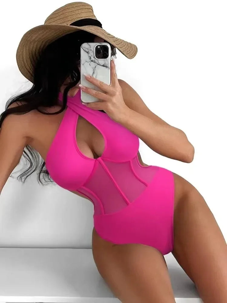 Halter neck Criss Corss mesh one piece swimsuit