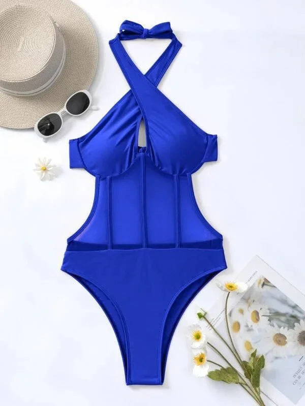 Halter neck Criss Corss mesh one piece swimsuit