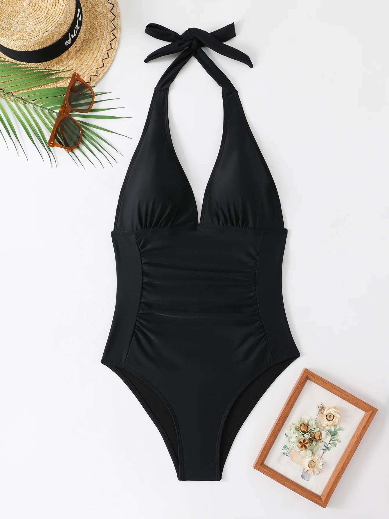 Plunge halter Neck One Piece Swimsuit black