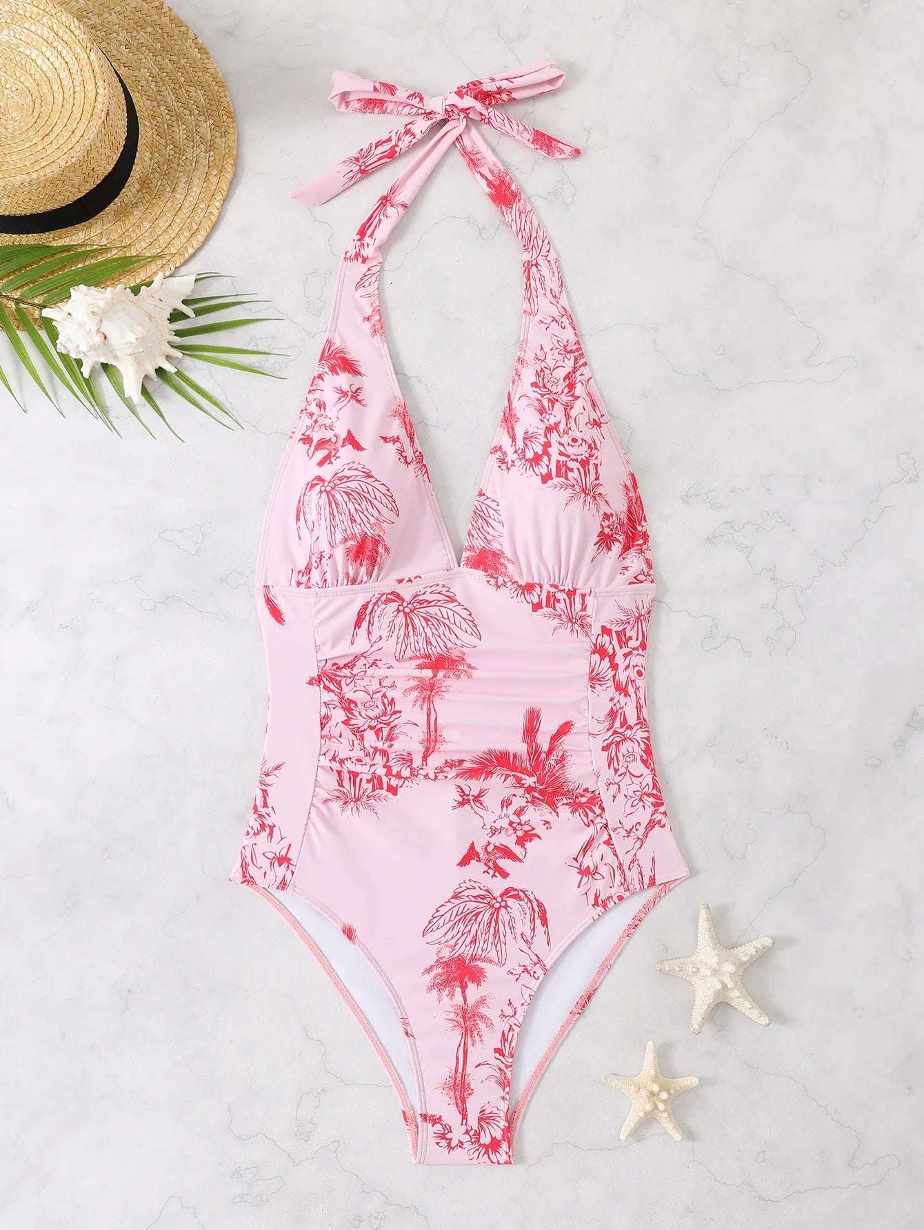 Pink Halter ruched One Piece Swimsuit