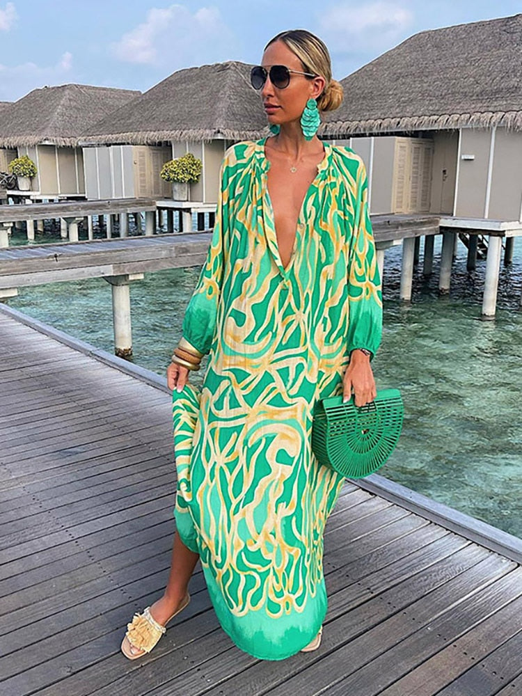 Summer Deep V-Neck Long Sleeve Long Dresses