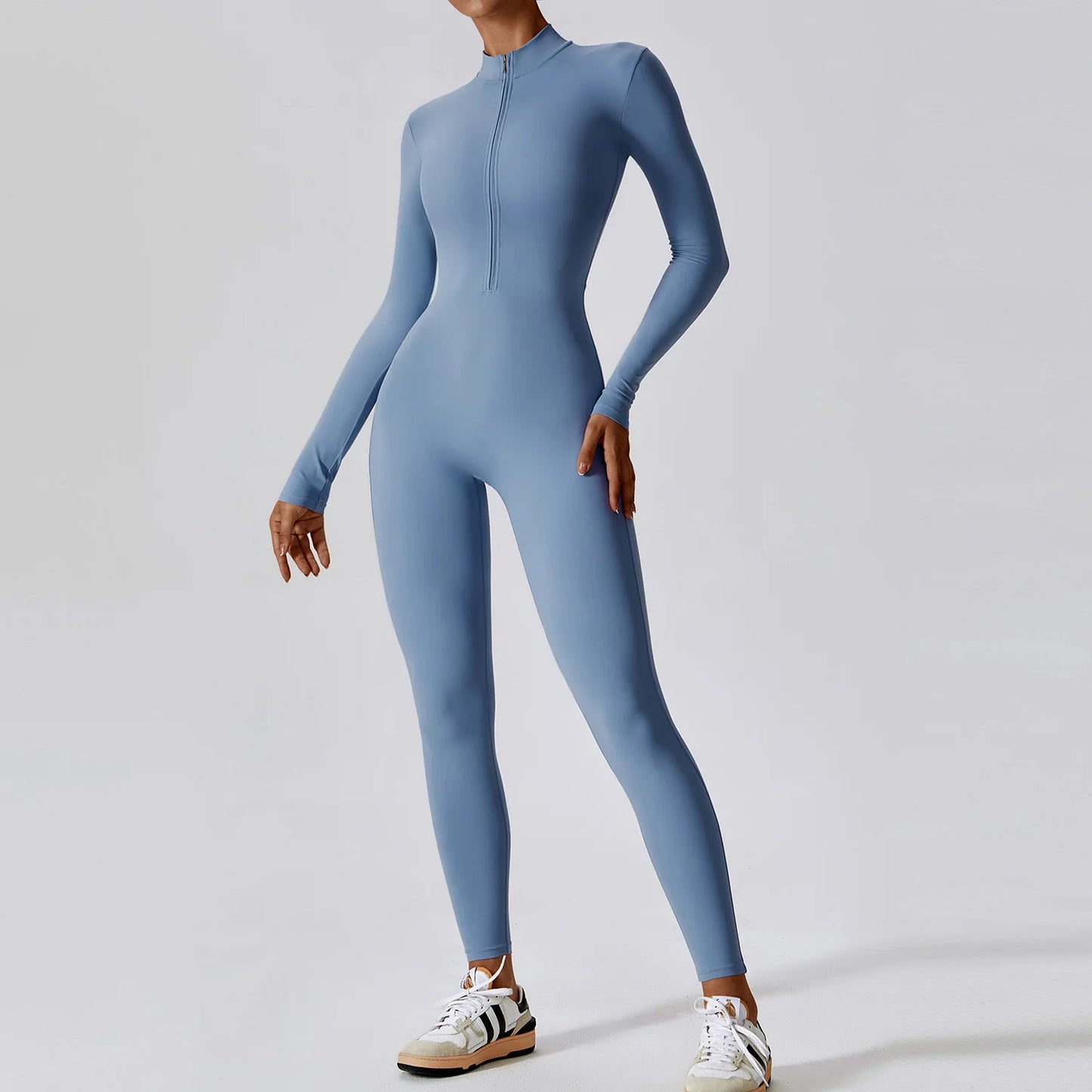Zipper long sleeve Elastic One-Piece gym workout Bodysuit Haze blue