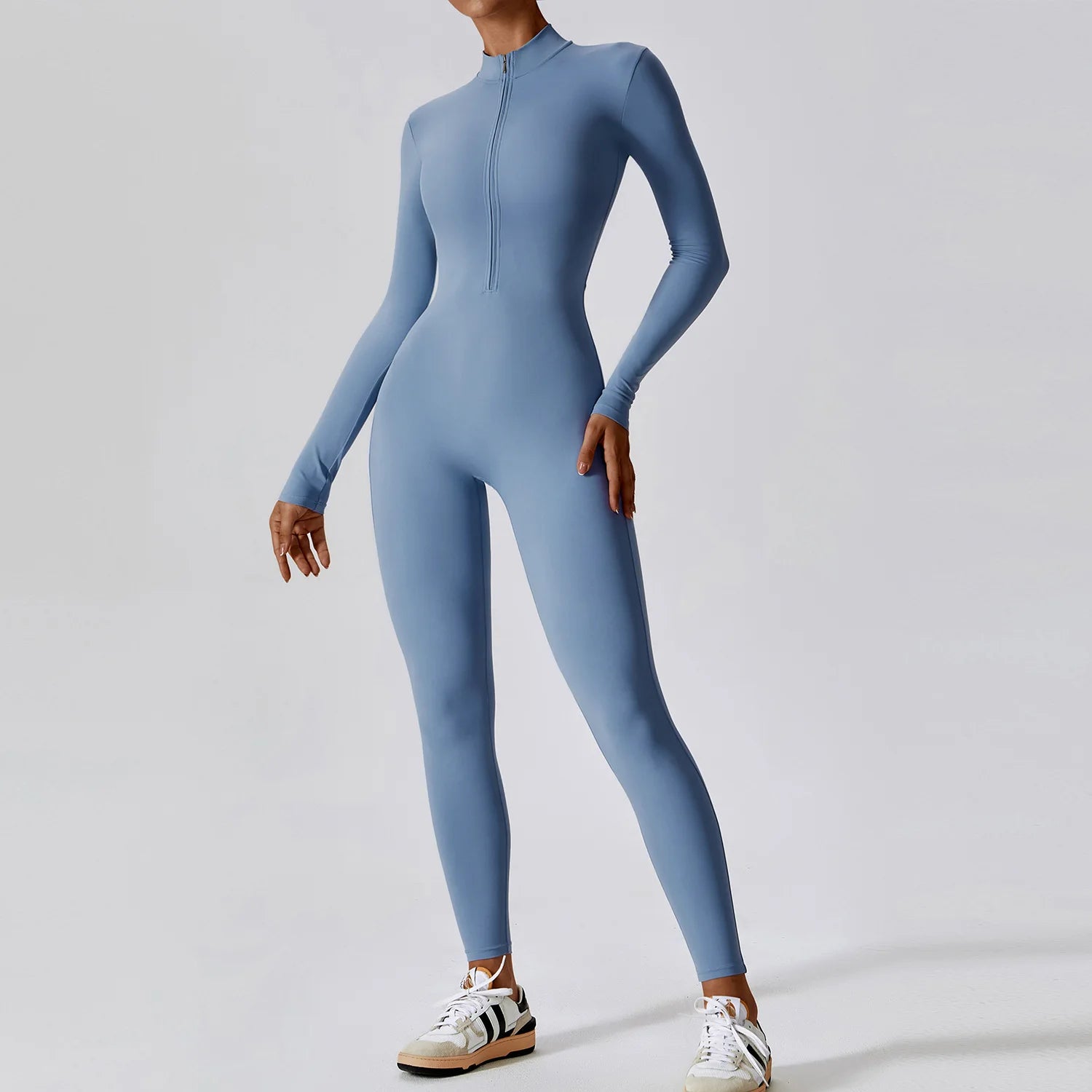 Zipper long sleeve Elastic One-Piece gym workout Bodysuit Haze blue